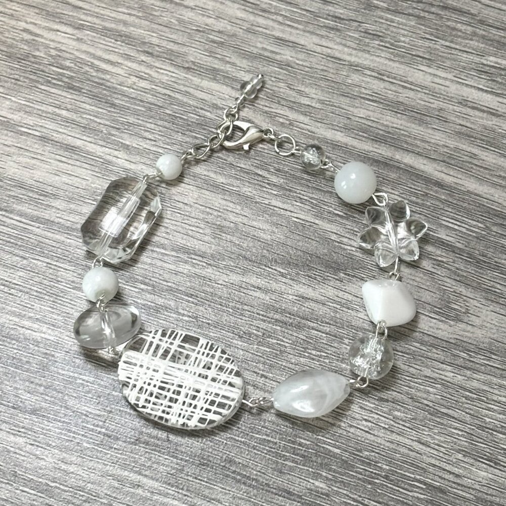 Handmade White & Clear Beaded Bracelet with Mixed Shapes